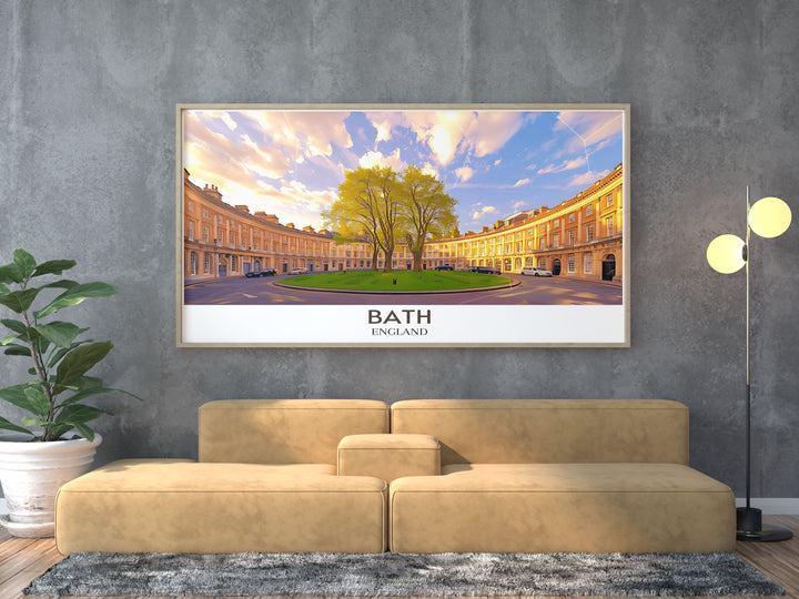 Elegant art print of The Circus in Bath, showcasing the iconic Georgian architecture and vibrant cultural scene, perfect for home decor.