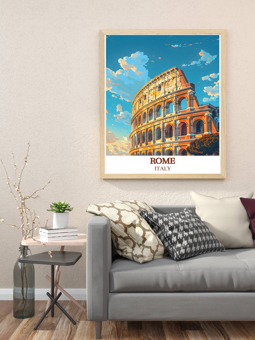 The Colosseum Art Print depicting Rome Italy in exquisite detail. This modern artwork is perfect for adding a touch of elegance to your home decor or as a unique travel gift.