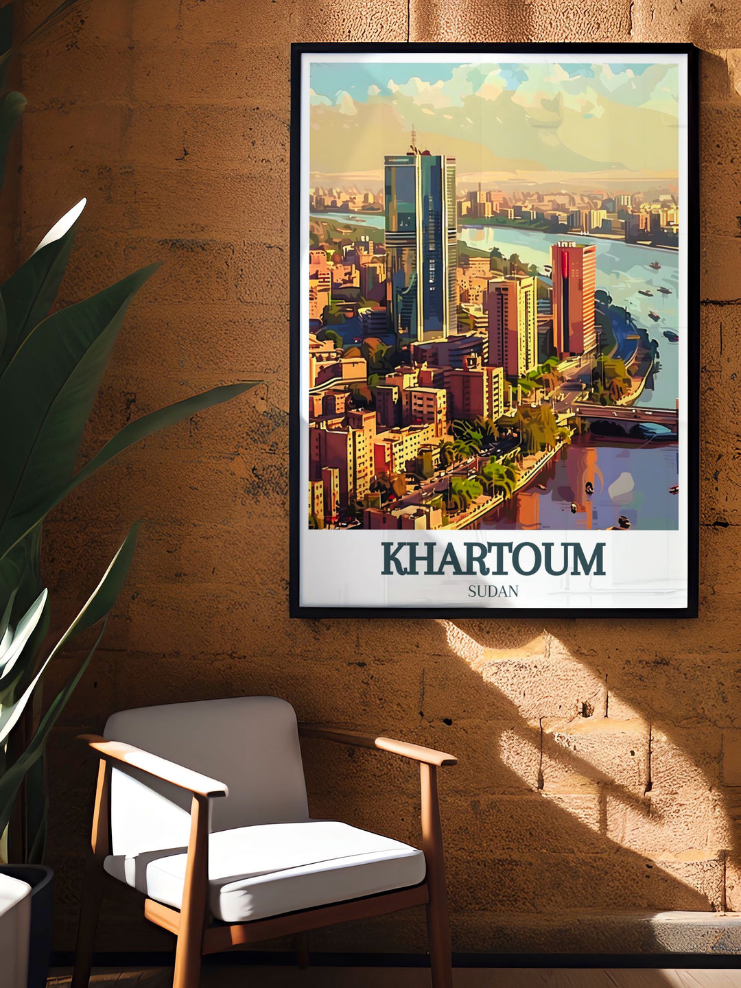 Stunning Khartoum art print with a detailed view of the NTC tower and Nile River great for wall decor