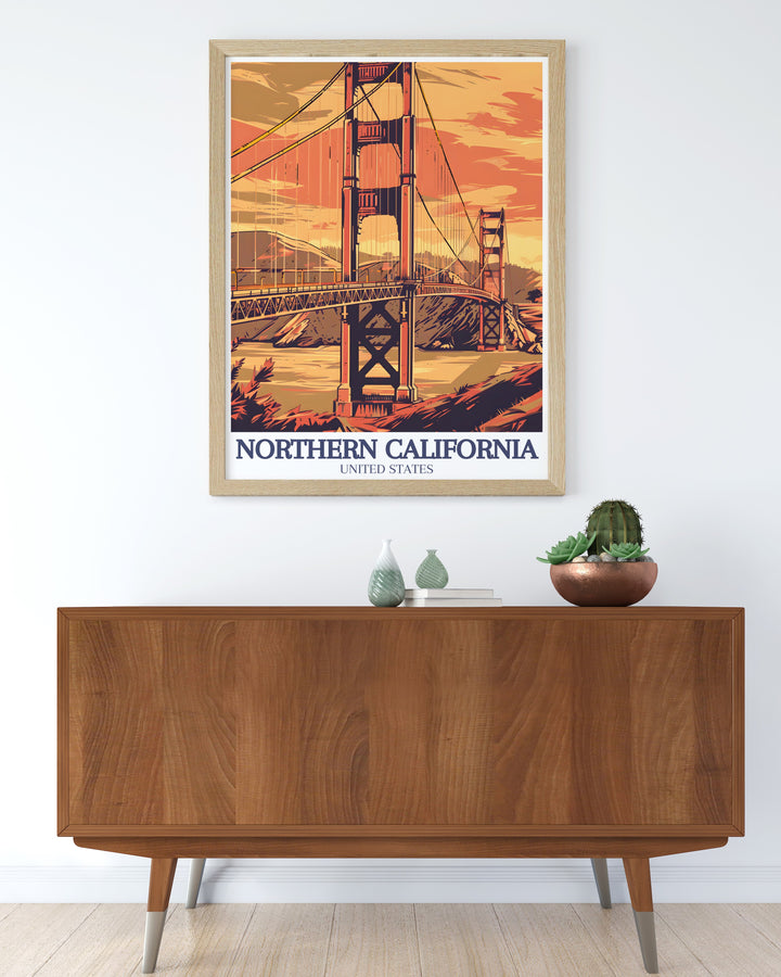 The Golden Gate Bridge Canvas Art combines the best of San Francisco and Redwood State Park in one travel print. With vintage poster aesthetics and vivid colors, this framed art makes a timeless gift for anyone who appreciates Californias national parks and iconic cityscapes.