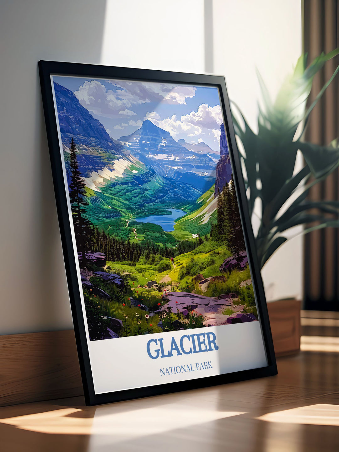 This detailed art print brings to life the majestic landscapes of Glacier National Park. Featuring towering peaks and serene valleys, this poster is ideal for those who dream of exploring North Americas unspoiled wilderness.
