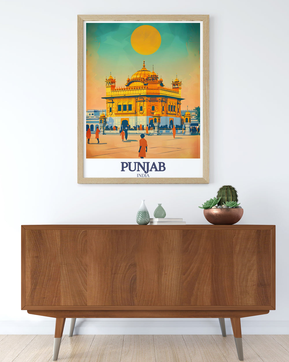 Stunning Golden Temple, Amrit Sarovar framed prints ideal for enhancing your living room decor featuring the serene beauty and architectural magnificence of Punjabs iconic landmark in a harmonious city color palette.