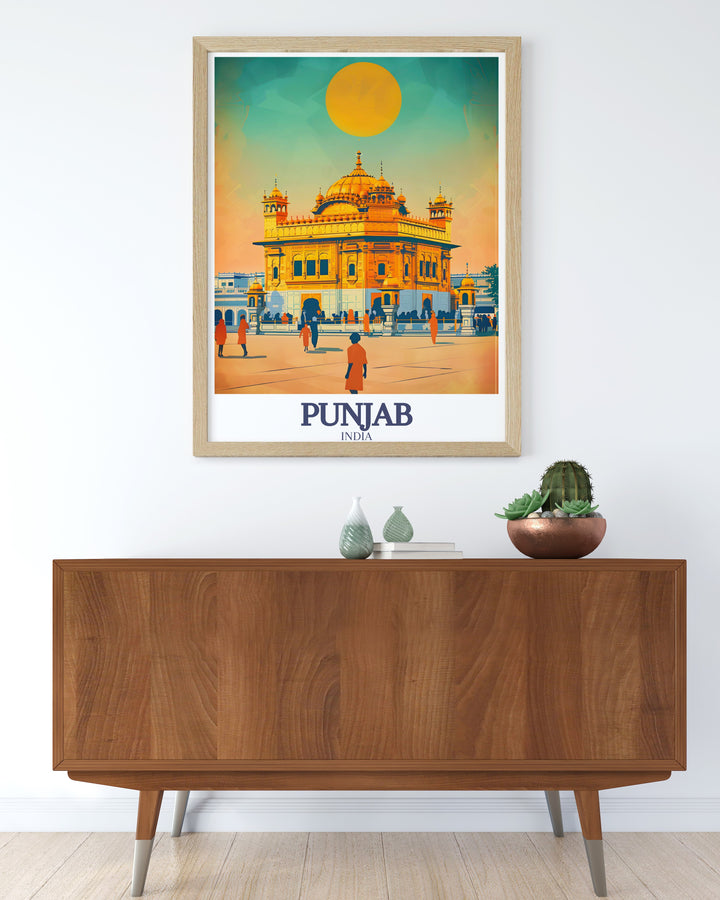 Stunning Golden Temple, Amrit Sarovar framed prints ideal for enhancing your living room decor featuring the serene beauty and architectural magnificence of Punjabs iconic landmark in a harmonious city color palette.