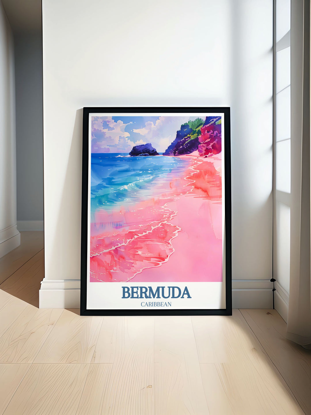 Majestic Bermuda travel poster capturing the crystal clear waters of Horseshoe Bay Beach and the tranquil sands of Warwick Long Bay. Perfect for enhancing your home or office with Bermudas coastal beauty.