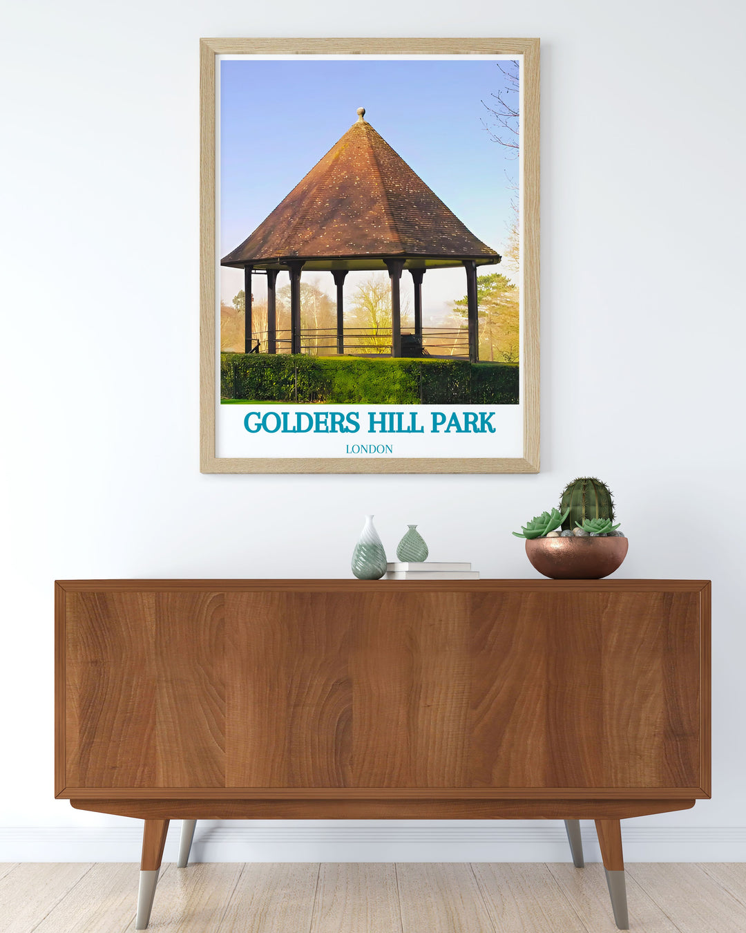 A retro travel poster of Golders Hill Park, depicting the lively scene around the bandstand, capturing the essence of Londons beloved green space, ideal for vintage art enthusiasts.
