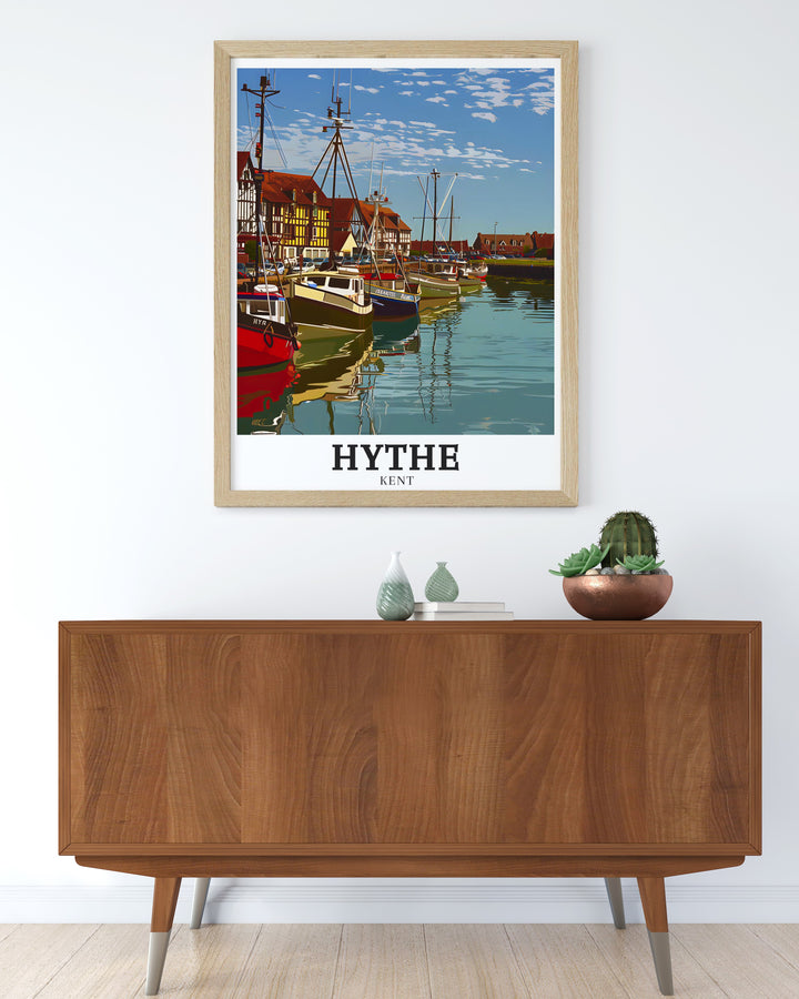 Hythe Harbour Southampton travel print brings the peaceful beauty of the harbor into your living space. Ideal for modern decor, this artwork offers a sophisticated glimpse into Kent's coastal scenery.