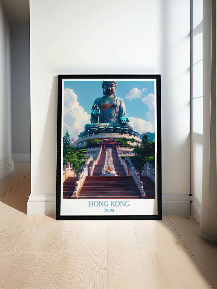 Highlighting the serene beauty of the Tian Tan Buddha, this travel poster captures the statues majestic presence and tranquil surroundings. Perfect for those who seek peace and inspiration, this artwork brings the essence of Hong Kongs spirituality into your living space.