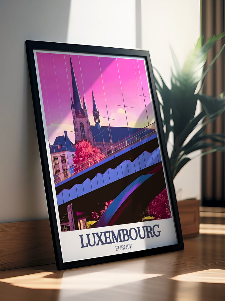 Luxembourg Print captures the elegance of the Notre Dame Cathedral and Adolphe Bridge, blending historic and modern elements of the city. This wall art makes a striking addition to any room, offering a touch of European sophistication for your home or office.