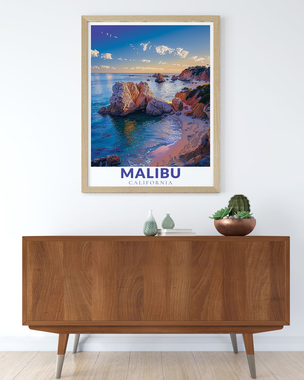 California poster of Malibu skyline and El Matador State Beach artwork combines modern décor with the beauty of the beach offering a perfect addition to your living room wall art or a personalized gift for beach lovers and travel enthusiasts