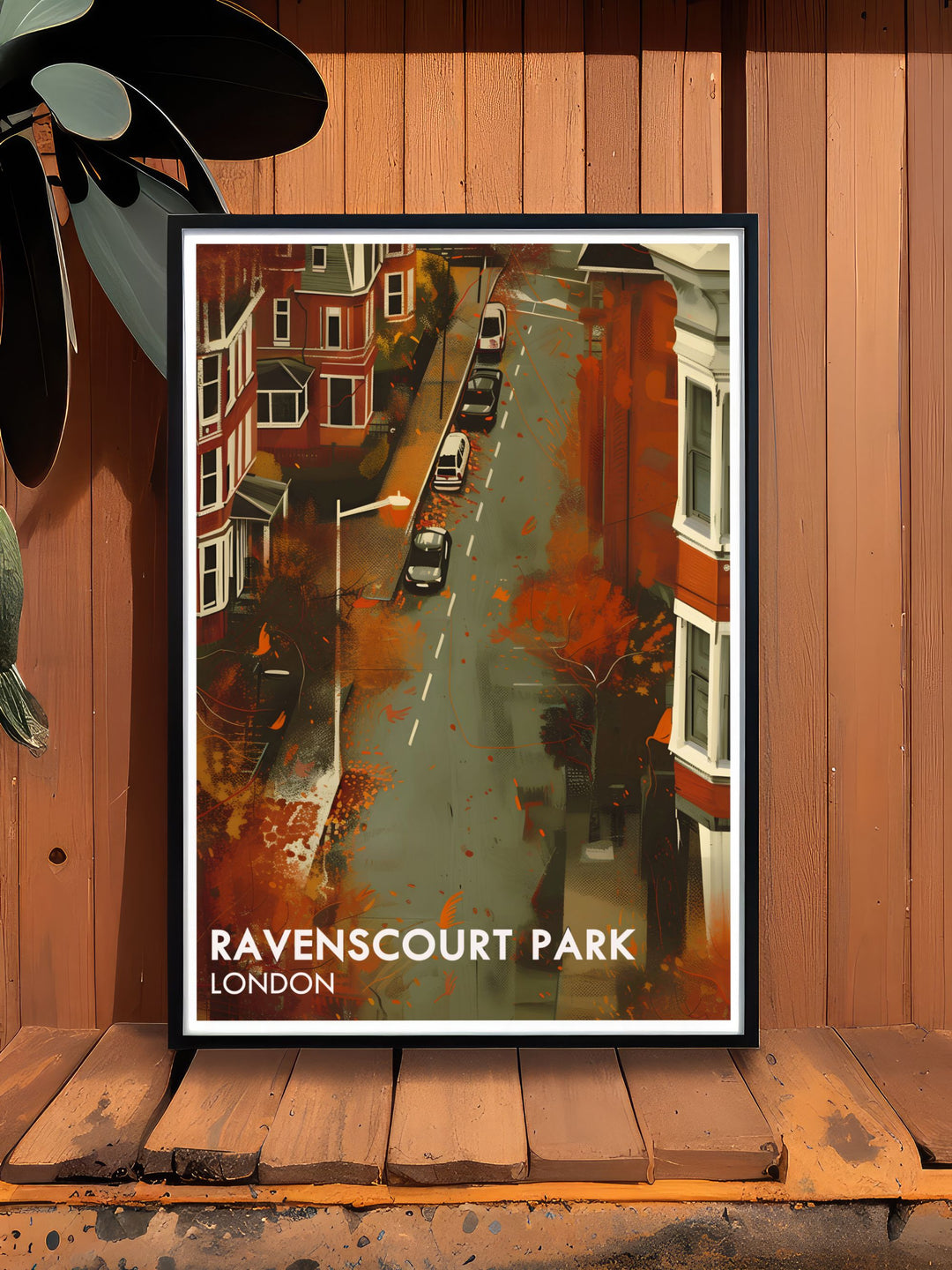 Ravenscourt Park Residentials Artwork showcasing the peaceful park with lush vegetation and iconic trees. This London Travel Print is perfect for enhancing your home decor with a serene and picturesque touch, making it a must have for nature lovers.