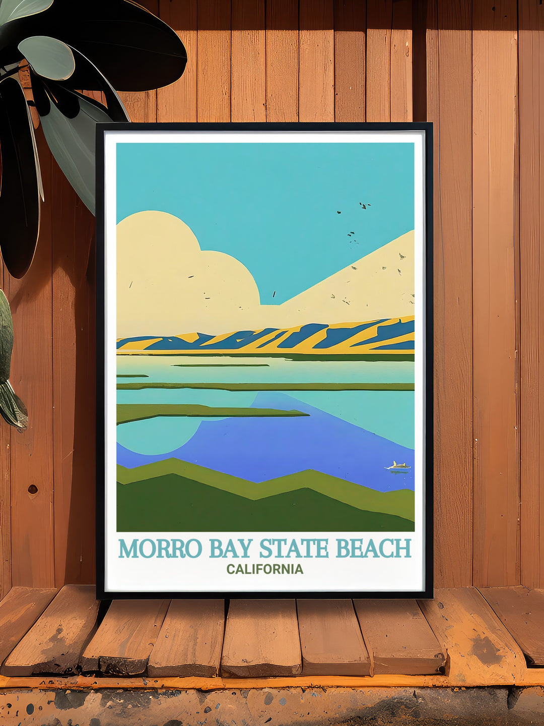 This travel poster showcases two of Californias most beautiful coastal landmarks Morro Bay State Beach and the Morro Bay Estuary. Perfect for anyone who loves the natural beauty of the Pacific coast, this print is a vibrant addition to any space.