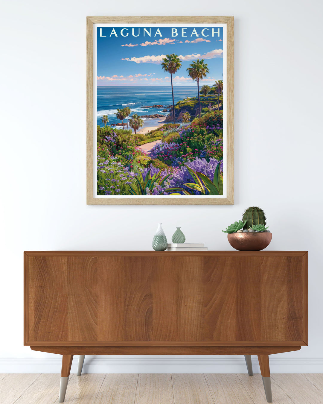 Stunning Living Room Decor with Heisler Park Modern Prints captures the vibrant and serene vibes of Laguna Beach ideal for enhancing your home or office space.