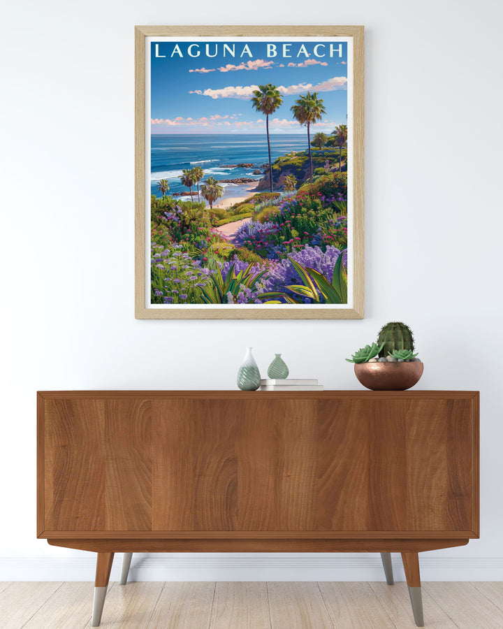 Stunning Living Room Decor with Heisler Park Modern Prints captures the vibrant and serene vibes of Laguna Beach ideal for enhancing your home or office space.