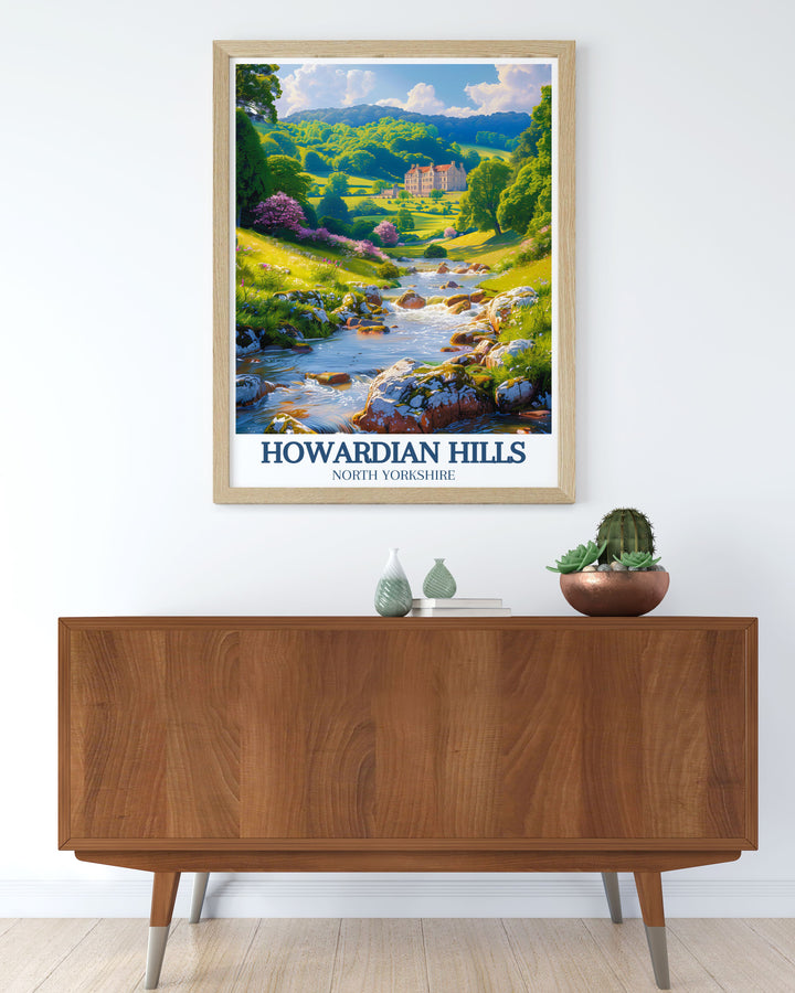 Travel poster depicting the Howardian Hills, emphasizing the regions scenic beauty and diverse wildlife. This print captures the essence of North Yorkshires countryside, making it a perfect gift for anyone who loves outdoor adventures and picturesque landscapes.