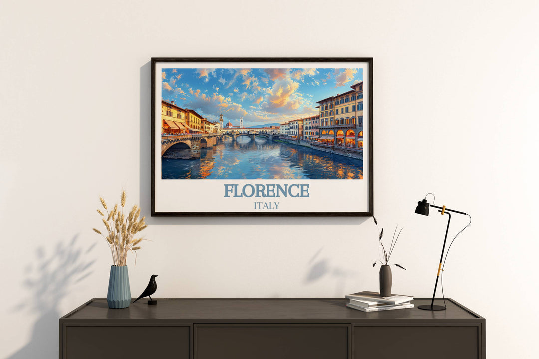 The reflection of Ponte Vecchio in the calm Arno River at sunrise, a mirror image blending art and nature, perfect for a tranquil home setting