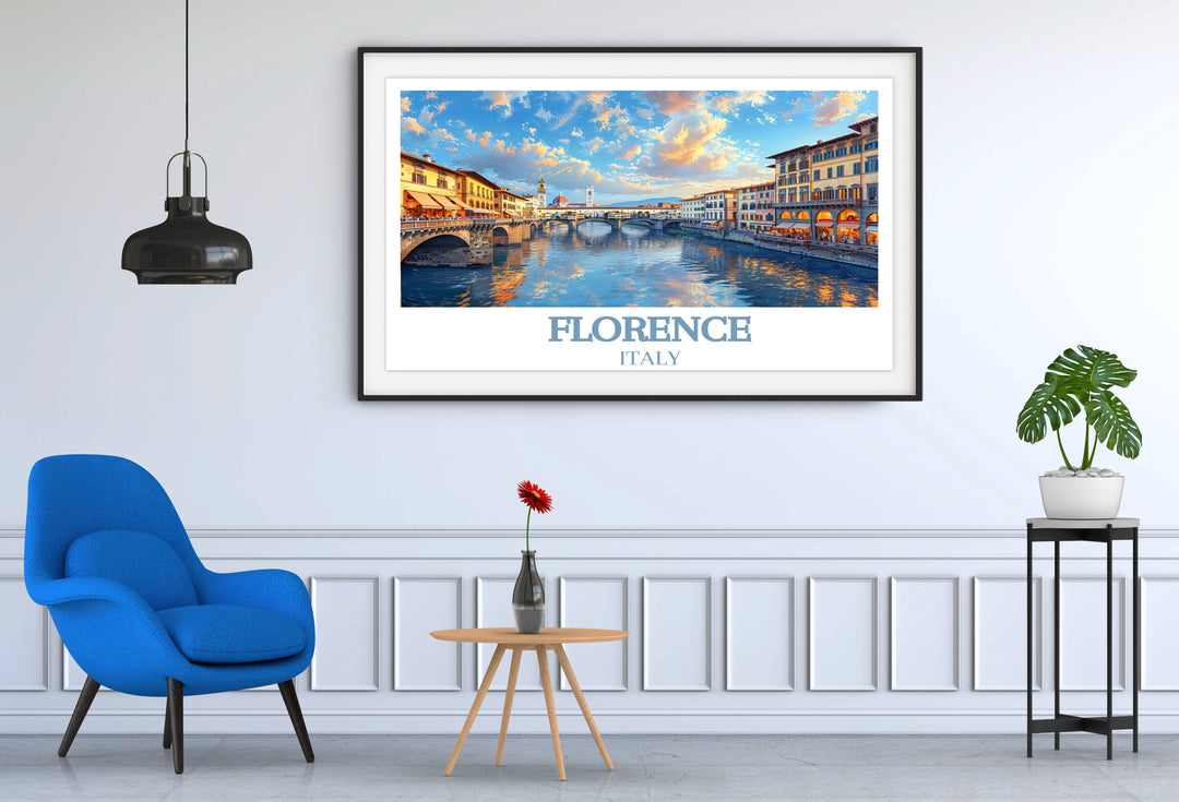 Ponte Vecchio during a lively summer festival, adorned with flags and bustling with people, captures the vibrant spirit of Florence in every print