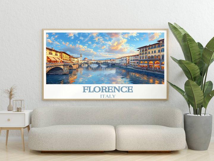 Ponte Vecchio awash in the vibrant colors of autumn, the historic bridge framed by golden leaves, offers a warm addition to home decor collections