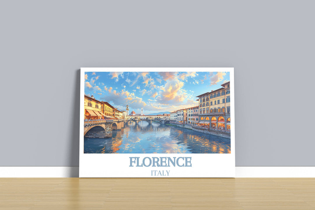 A wintry Ponte Vecchio, the bridge and nearby buildings dusted with snow, presents a magical winter wonderland scene in art and travel prints.