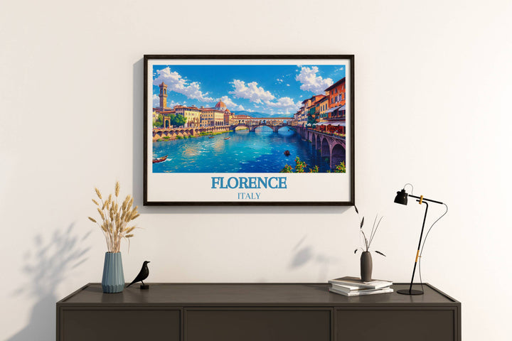 The intricate architectural details of Ponte Vecchio stand out against a clear blue sky, highlighting the elegance of Florentine design in this striking wall decor.