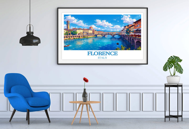 The intricate architectural details of Ponte Vecchio stand out against a clear blue sky, highlighting the elegance of Florentine design in this striking wall decor.