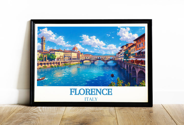 Ponte Vecchio bustles at dusk, its lights twinkling against the dimming sky, offering a captivating view for lovers of art and travel in this unique wall art