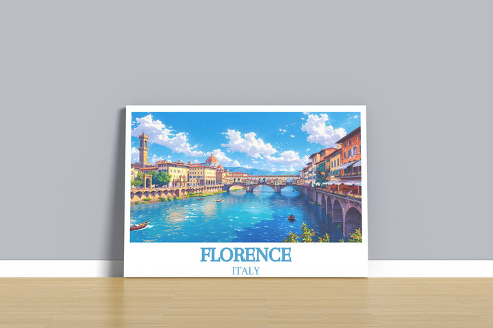 The intricate architectural details of Ponte Vecchio stand out against a clear blue sky, highlighting the elegance of Florentine design in this striking wall decor.