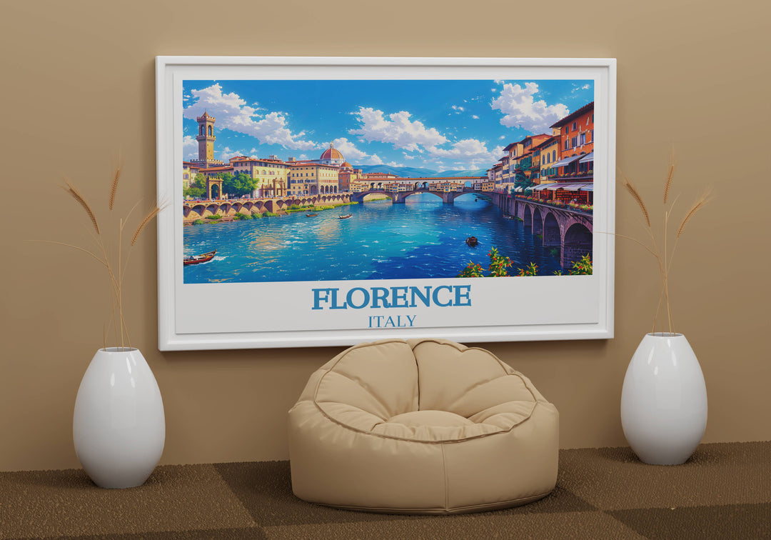 The intricate architectural details of Ponte Vecchio stand out against a clear blue sky, highlighting the elegance of Florentine design in this striking wall decor.