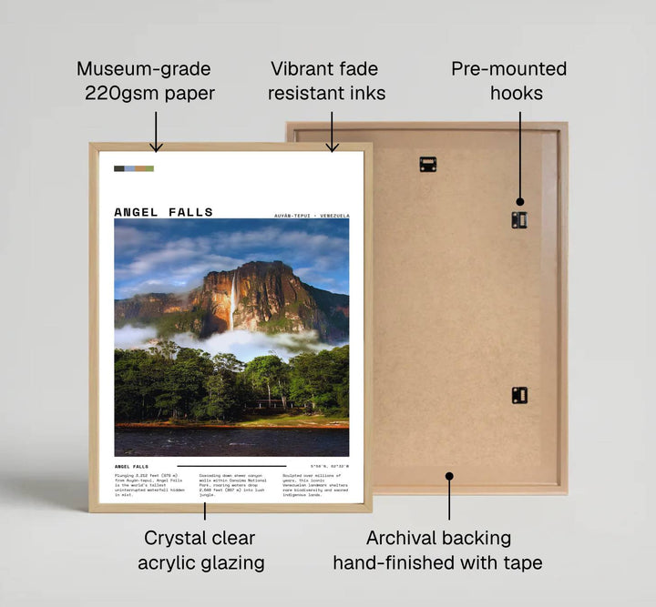 Fine art photo poster featuring clean margin headers reading ANGEL FALLS AUYAN-TEPUI VENEZUELA with precise coordinates. Available directly from MapYourDreams, this print comes in versatile mediums including roll-packed paper, custom frames, or canvas wraps.