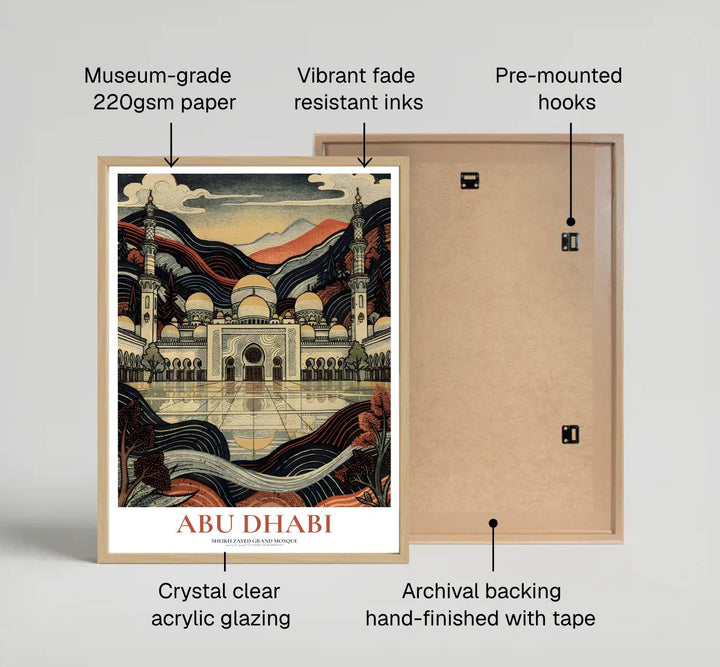Woodcut aesthetic view of Abu Dhabi Sheikh Zayed Grand Mosque with soaring minarets and courtyard reflections. Distributed by MapYourDreams, this artwork is available in flexible options including unframed paper, custom wooden frames, and gallery canvas wraps for modern wall decor.