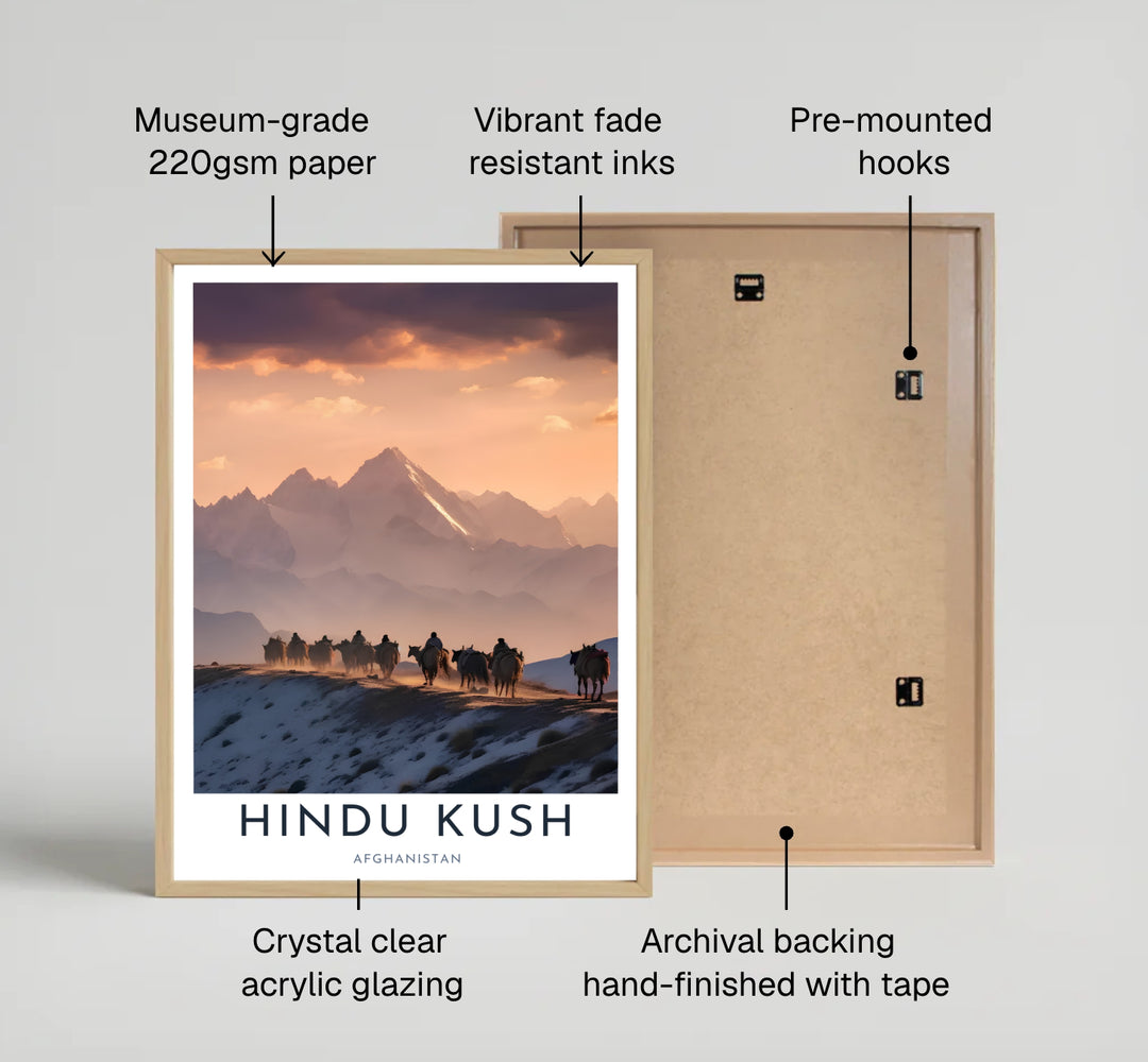 Scenic alpine wall art of the Hindu Kush mountains in Afghanistan featuring glowing clouds and silhouetted riders on snow, created by MapYourDreams as an unframed art print, stretched canvas wall decor, or custom framed wall print in pure gold and silver frames for gallery walls.