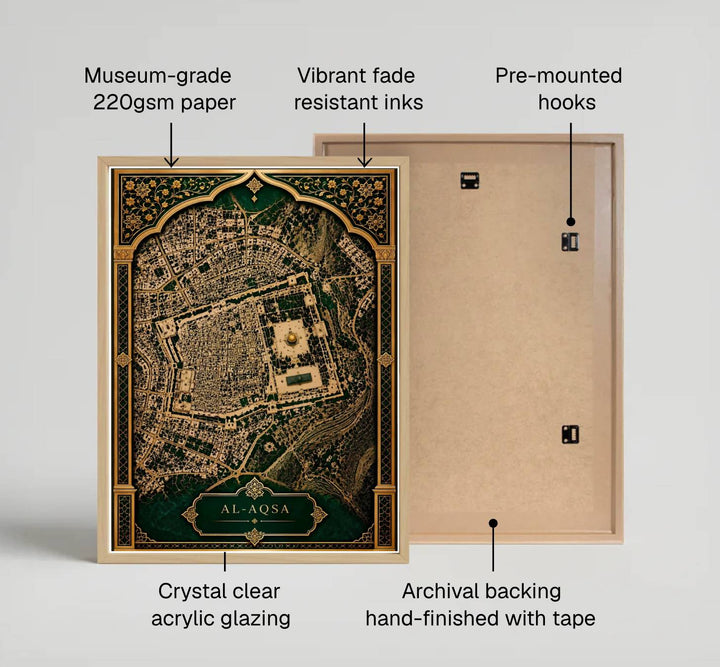 Vintage cartography poster showing aerial layout of Al Aqsa Compound in historic Old City Jerusalem. Distributed by MapYourDreams, this artwork is available in flexible options including unframed paper, custom wooden frames, and gallery canvas wraps for modern wall decor.