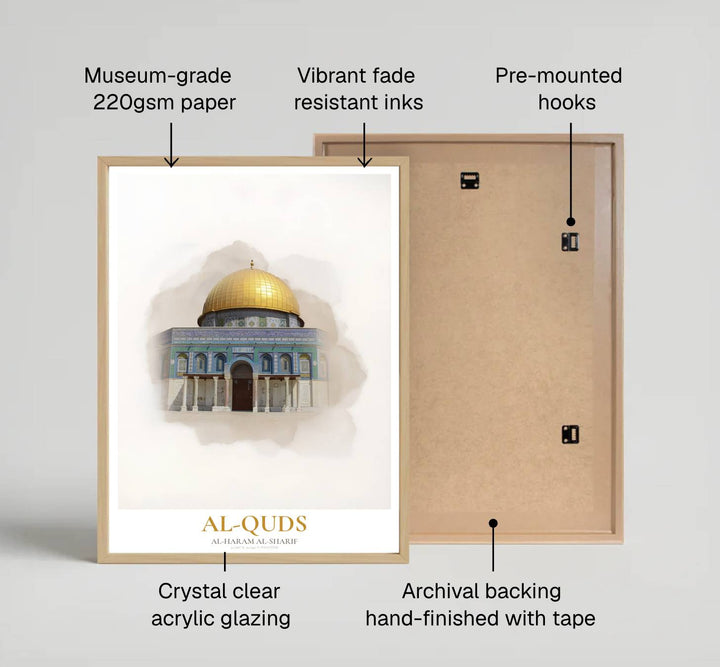 Subtle watercolor vignette print of Dome of the Rock in Al Quds Jerusalem on high quality matte archival paper. Distributed by MapYourDreams, this artwork is available in flexible options including unframed paper, custom wooden frames, and gallery canvas wraps for stylish wall decor.