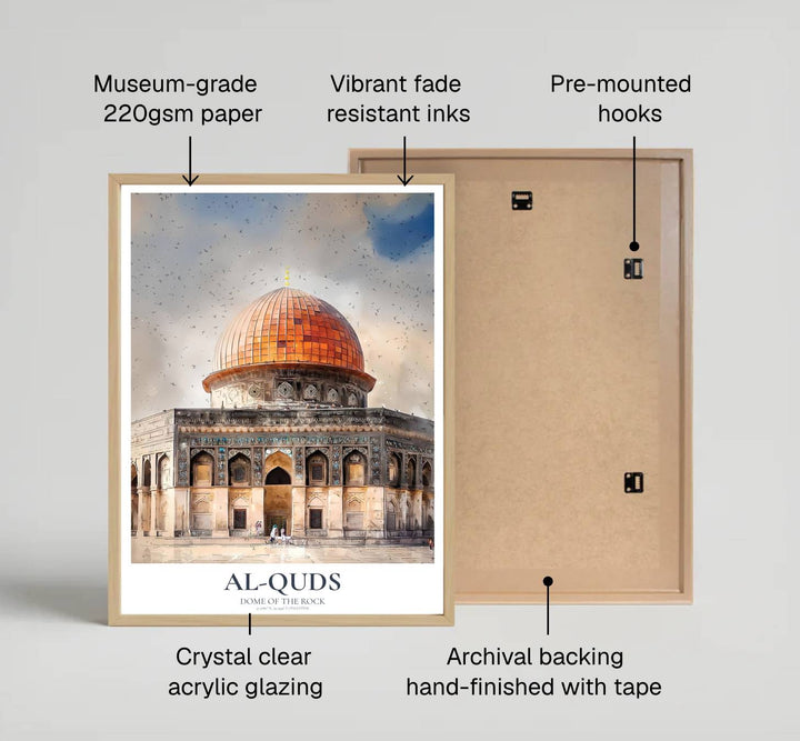 Expressive paint splatter watercolor artwork of Dome of the Rock in Al Quds Jerusalem on premium archival matte paper. Distributed by MapYourDreams, this artwork is available in flexible options including unframed paper, custom wooden frames, and gallery canvas wraps for modern wall decor.