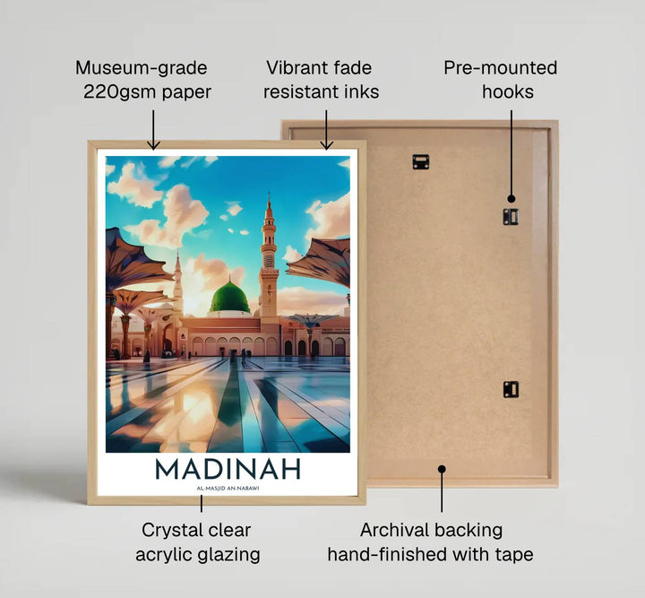 Architectural artwork depicting Al Masjid An Nabawi in Madinah with bold Madinah typography at the base. Distributed by MapYourDreams, this artwork is available in flexible options including unframed paper, custom wooden frames, and gallery canvas wraps for modern wall decor.