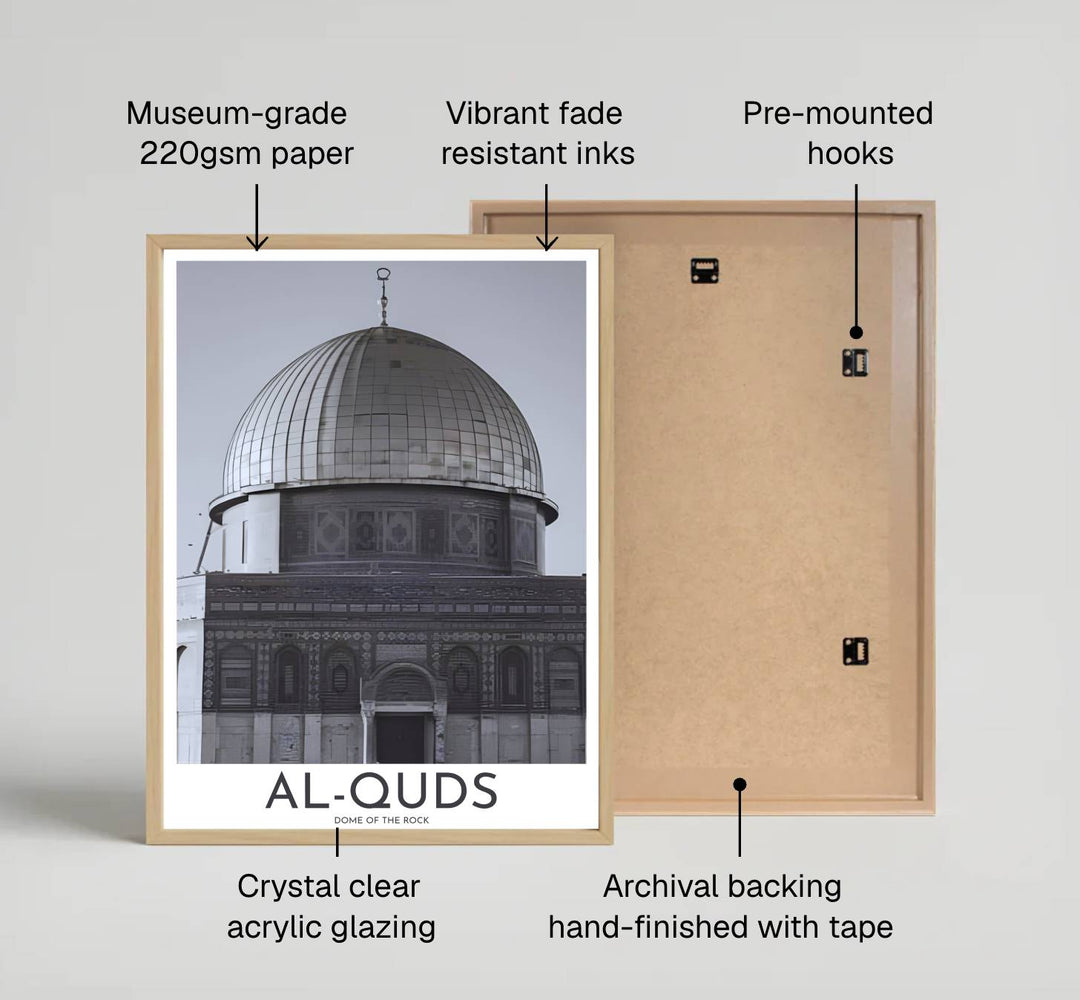 Classic black and white photography print of Dome of the Rock in Al Quds Jerusalem printed on archival matte paper. Distributed by MapYourDreams, this artwork is available in flexible options including unframed paper, custom wooden frames, and gallery canvas wraps for stylish wall decor.