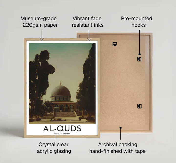 Antique style photography print of Dome of the Rock in Al Quds Jerusalem on premium matte archival paper stock. Distributed by MapYourDreams, this artwork is available in flexible options including unframed paper, custom wooden frames, and gallery canvas wraps for stylish wall decor.