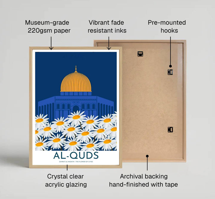 Botanical travel poster of Dome of the Rock in Al Quds Jerusalem printed on premium matte archival paper stock. Distributed by MapYourDreams, this artwork is available in flexible options including unframed paper, custom wooden frames, and gallery canvas wraps for stylish wall decor.