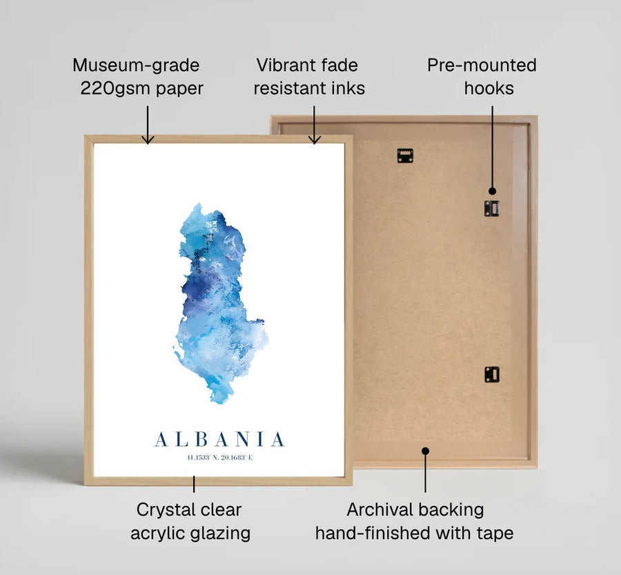 Beautiful watercolor map print featuring the national silhouette of Albania, combining crisp cartographic typography and coastal color palettes seamlessly. Offered by MapYourDreams, this artwork is available in flexible options including unframed paper, custom wooden frames, and gallery canvas wraps for room decor.