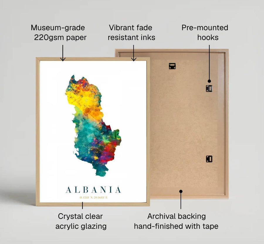 Modern abstract country map artwork showing Albania in bright multicolor watercolor gradients on premium archival stock with refined serif text. Offered by MapYourDreams, this artwork is available in flexible options including unframed paper, custom wooden frames, and gallery canvas wraps.