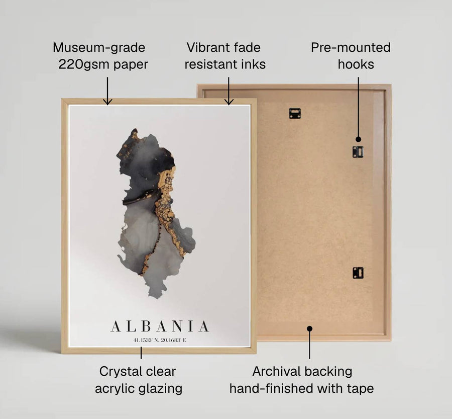 Modern abstract country map artwork showing Albania in dark slate and gold marble gradients on archival stock with refined cartographic text. Offered by MapYourDreams, this artwork is available in flexible options including unframed paper, custom wooden frames, and gallery canvas wraps.