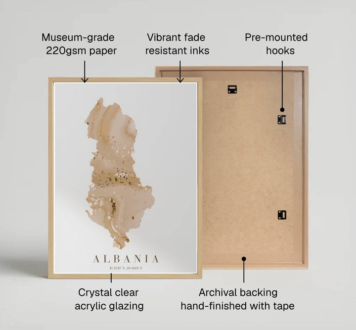 Mediterranean-inspired Albania map art print featuring abstract gold vein swirls, ideal for Japandi living room decor and neutral wall displays. Offered by MapYourDreams, this artwork is available in flexible options including unframed paper, custom wooden frames, and gallery canvas wraps.