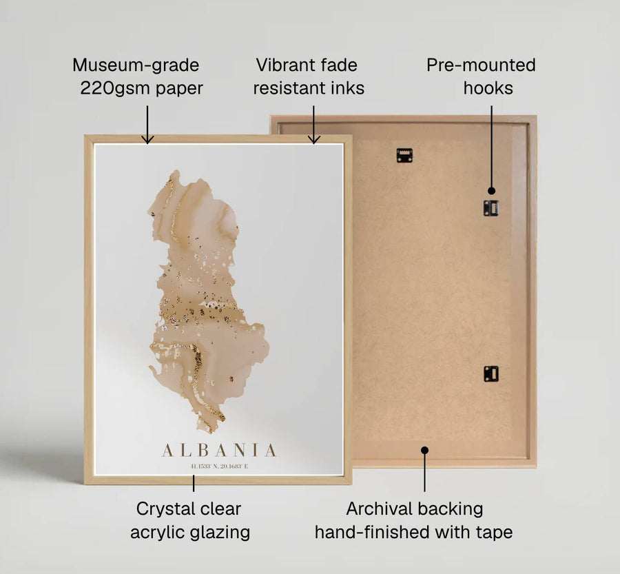 Mediterranean-inspired Albania map art print featuring abstract gold vein swirls, ideal for Japandi living room decor and neutral wall displays. Offered by MapYourDreams, this artwork is available in flexible options including unframed paper, custom wooden frames, and gallery canvas wraps.