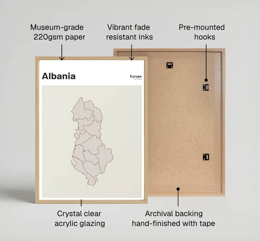 Modern minimalist country map artwork showing Albania in clean vector linework on premium archival paper with clean header text reading Albania. Offered by MapYourDreams, this artwork is available in flexible options including unframed paper, custom wooden frames, and gallery canvas wraps.