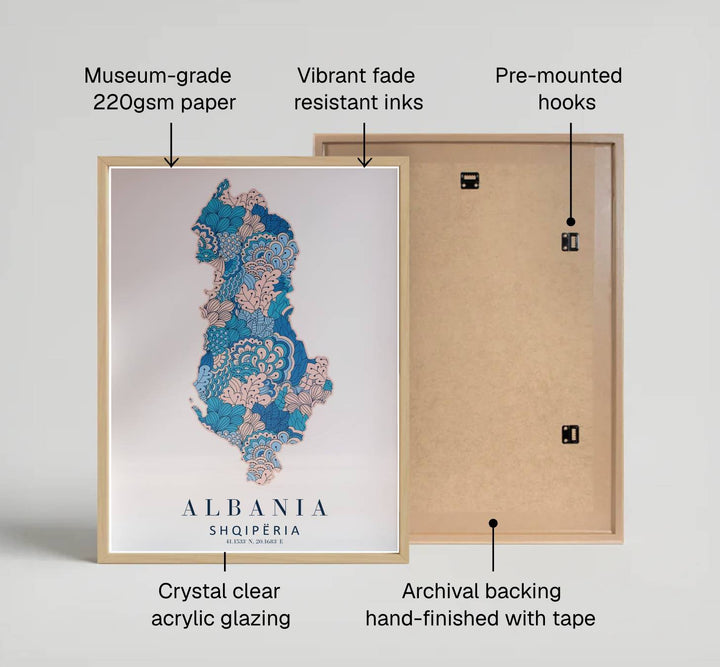 Modern decorative country map artwork showing Albania in a vintage floral pattern on archival stock with refined serif country typography. Offered by MapYourDreams, this artwork is available in flexible options including unframed paper, custom wooden frames, and gallery canvas wraps.