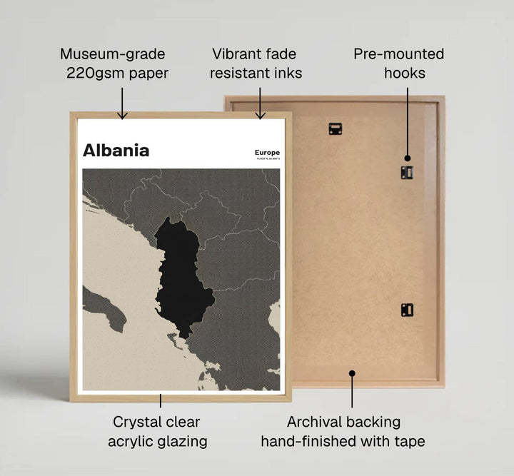 Modern graphic country map artwork showing Albania in solid charcoal black on archival stock with refined sans-serif header text reading Albania. Offered by MapYourDreams, this artwork is available in flexible options including unframed paper, custom wooden frames, and gallery canvas wraps.