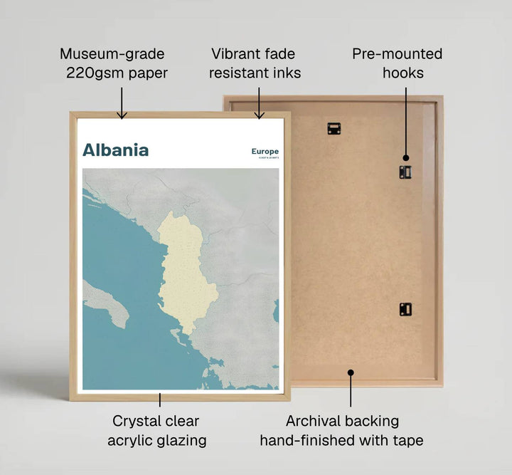 Modern graphic country map artwork showing Albania in stippled cream and teal on archival stock with refined sans-serif header text reading Albania. Offered by MapYourDreams, this artwork is available in flexible options including unframed paper, custom wooden frames, and gallery canvas wraps.