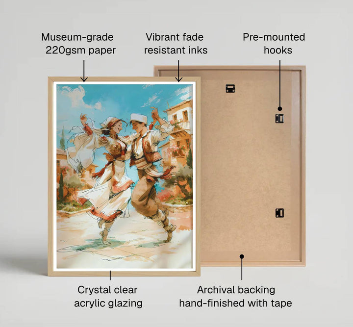 Modern figurative cultural artwork showing a couple dancing the Valle in traditional clothing on archival stock with sunny Mediterranean background details. Offered by MapYourDreams, this artwork is available in flexible options including unframed paper, custom wooden frames, and gallery canvas wraps.