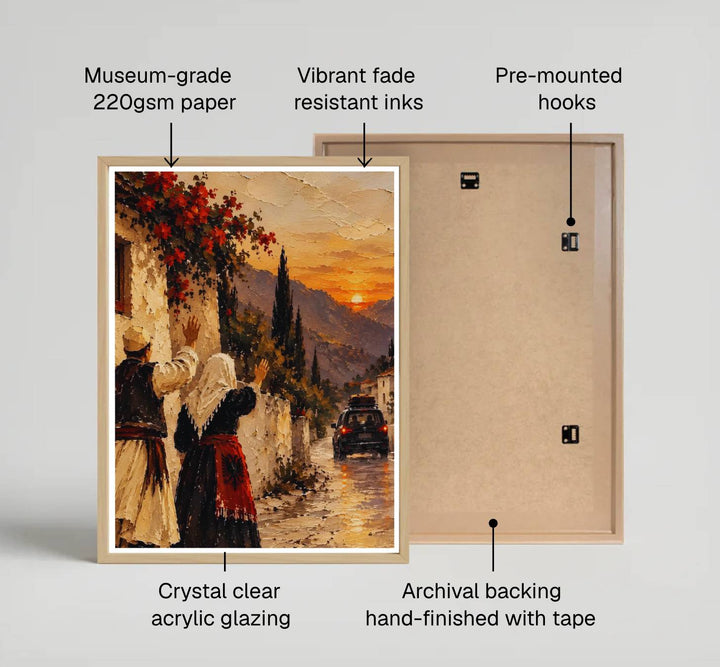 Modern classical fine art print showing a nostalgic village farewell in Albania on archival paper stock with scenic sunset mountain background details. Offered by MapYourDreams, this artwork is available in flexible options including unframed paper, custom wooden frames, and gallery canvas wraps.