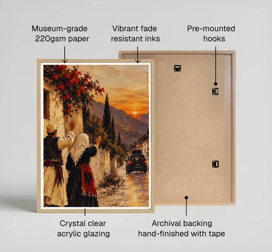 Modern classical fine art print showing a nostalgic village farewell in Albania on archival paper stock with scenic sunset mountain background details. Offered by MapYourDreams, this artwork is available in flexible options including unframed paper, custom wooden frames, and gallery canvas wraps.