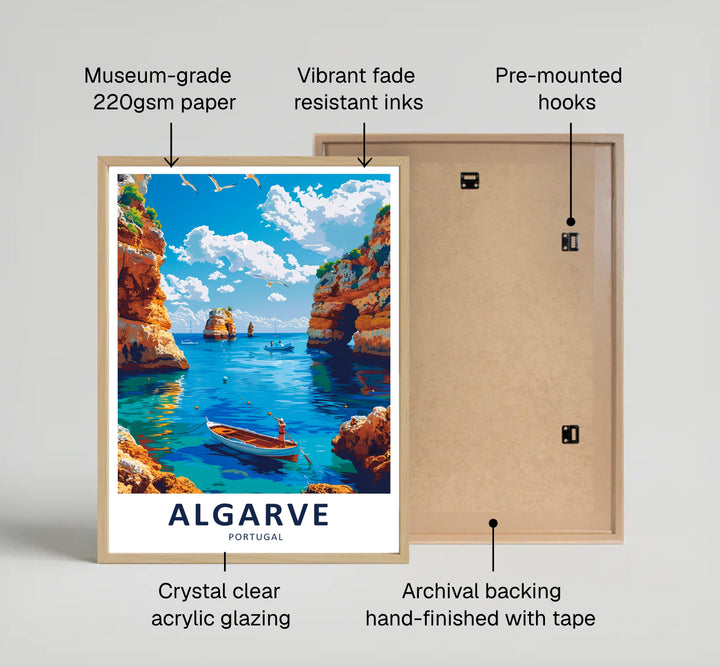 Natural sea cave arches and rock stacks rise out of calm ocean waters in this Algarve print set in Portugal. MapYourDreams provides this artwork in unframed, gallery canvas, and framed options.